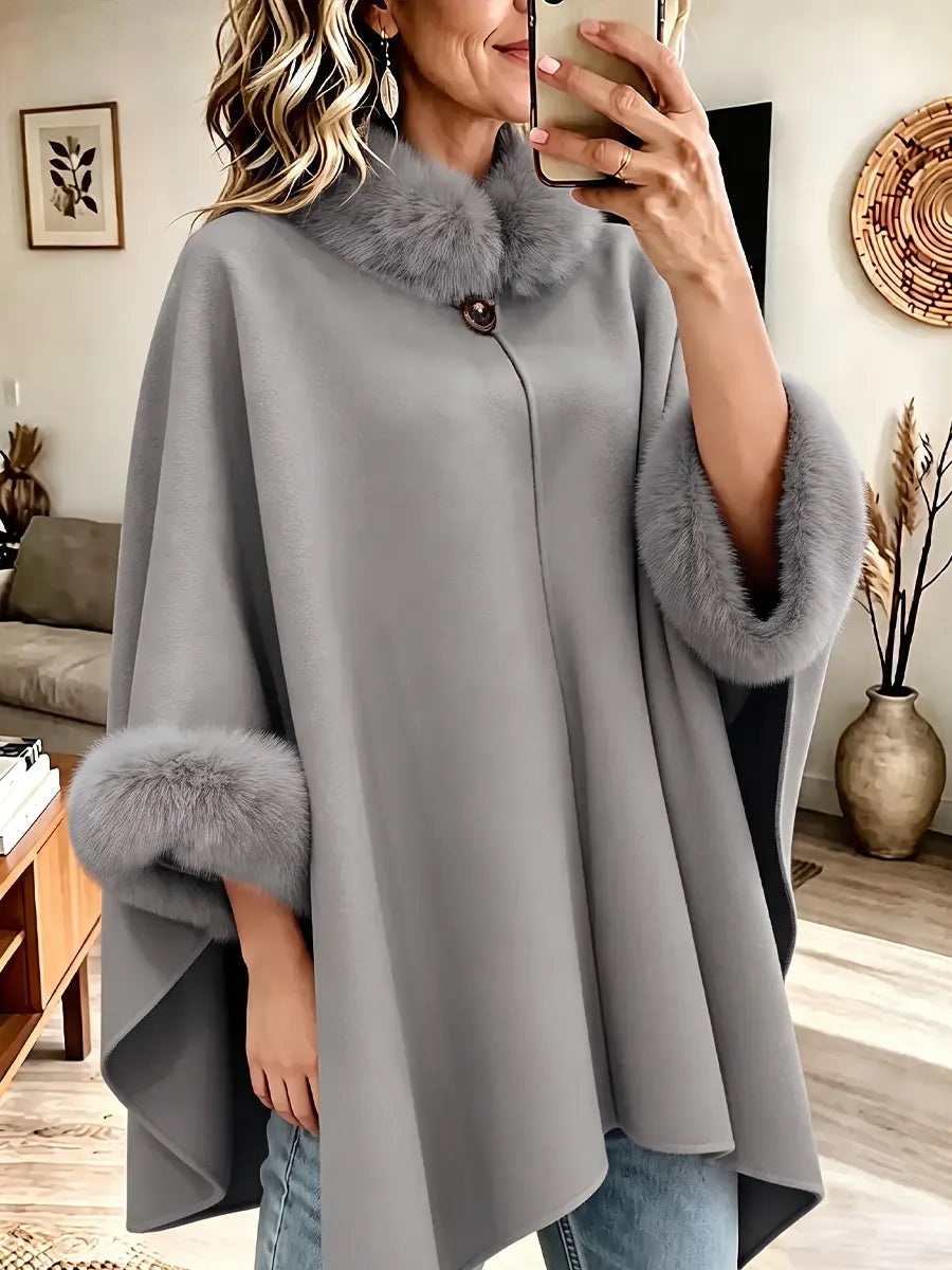 Vintage Elegant Wool-blend Cape With Fur Collar Coat