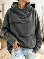 Washed Asymmetric Cowl Neck Hoodie Raw Seam Pocket Oversized Sweatshirt