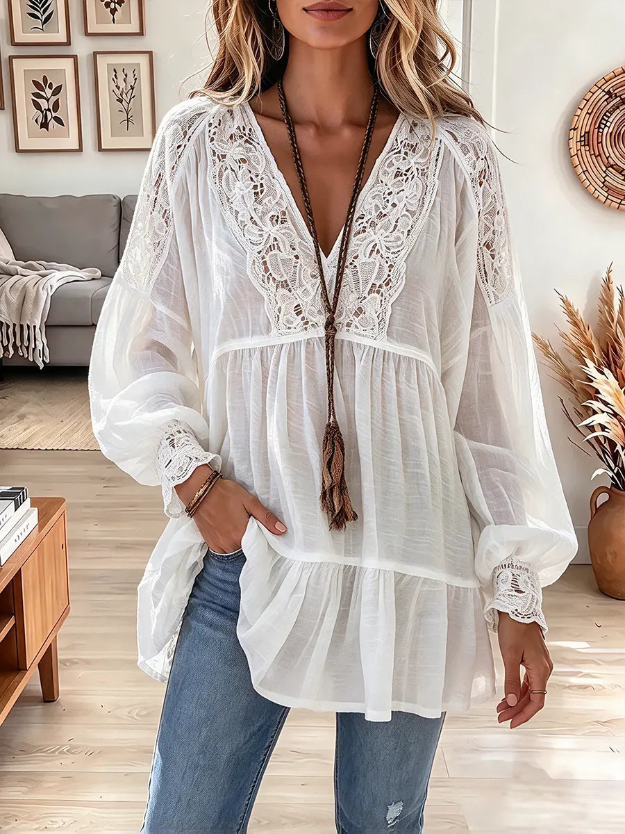 Vintage Elegant Cotton-linen Patchwork Lace Shirt
