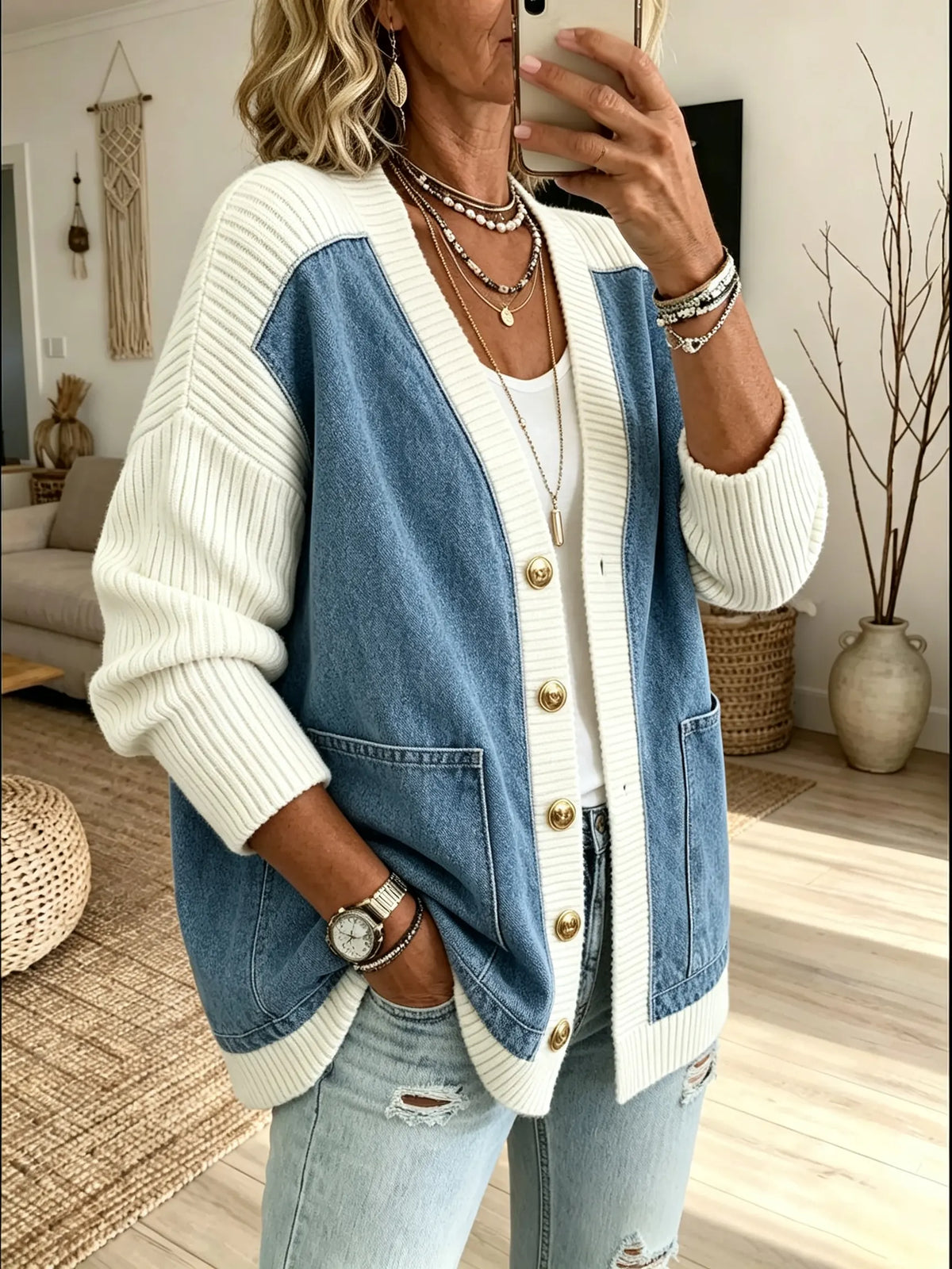 Women Denim Knit Spliced V‑Neck Cardigan