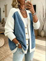 Women Denim Knit Spliced V‑Neck Cardigan