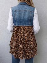 Women Denim Leopard Print Patchwork Vest Lapel Open‑Front Sleeveless Boho Gilet