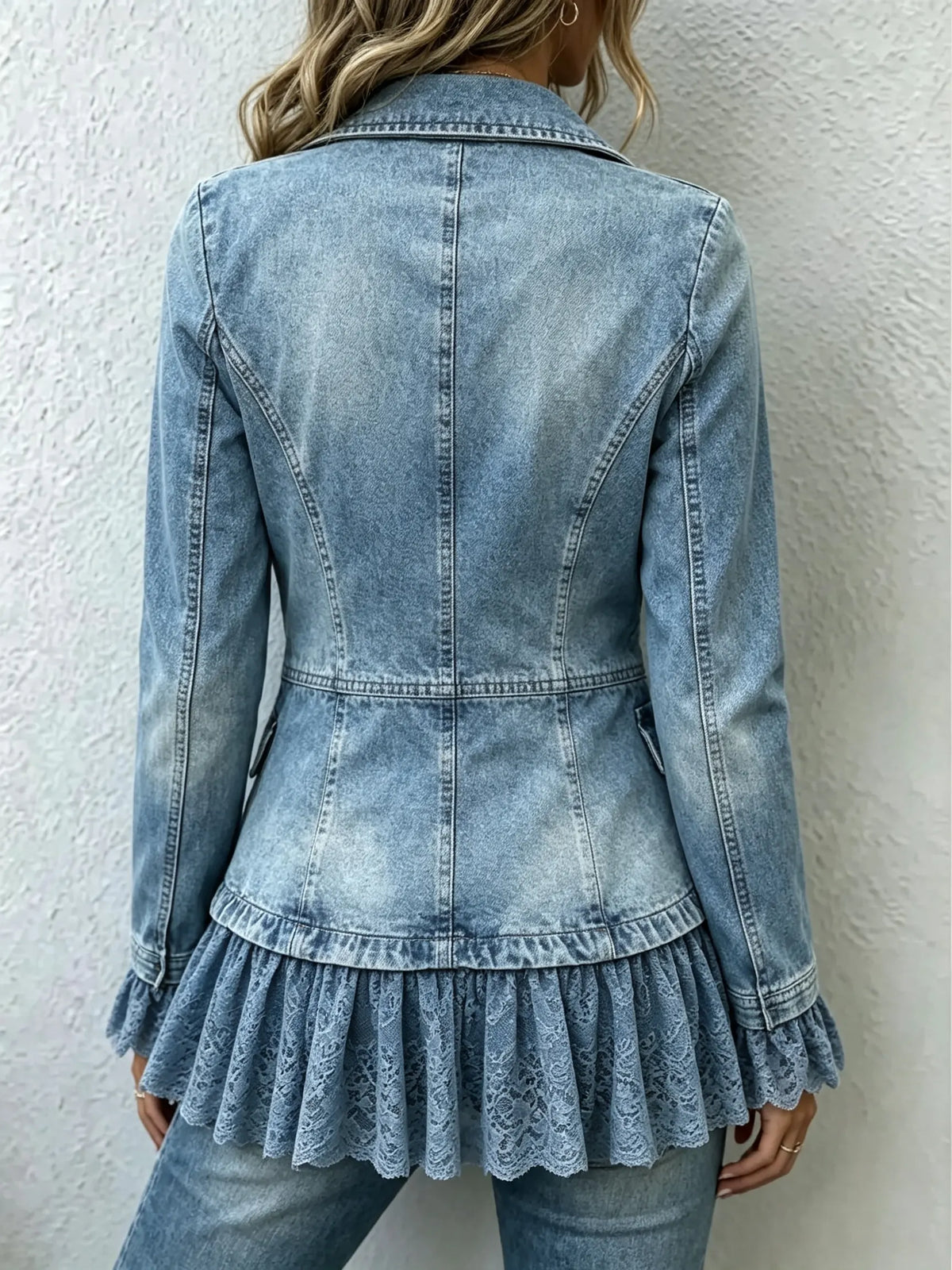 Women's Lace Hem Peplum Denim Blazer