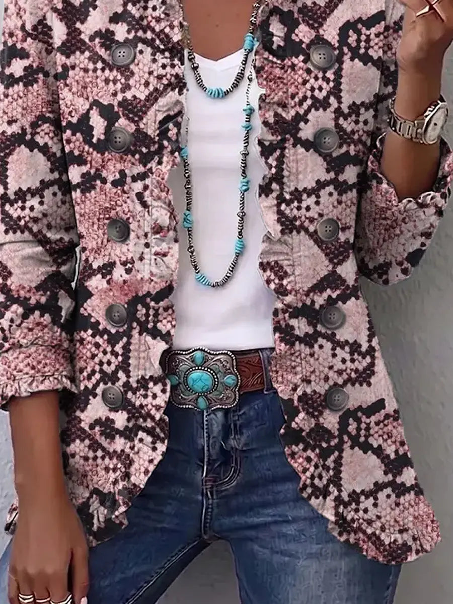 Retro Pattern Art Print Ruffle Casual Stylish Cotton Lapel Coat