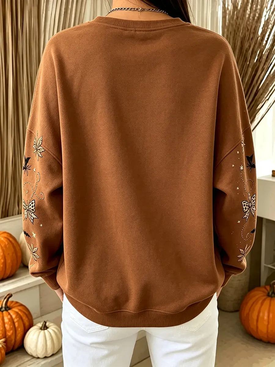 Vintage Autumn Halloween Ghost Black Cat Art Print Crewneck Sweatshirt
