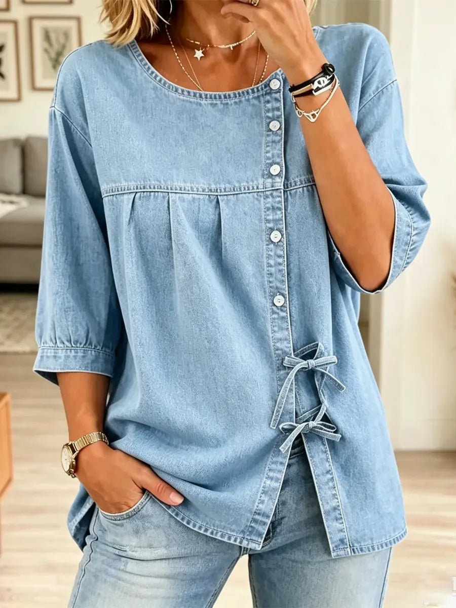 Retro Round Neck Art Button Casual Stylish 3/4 Sleeve Denim Shirt