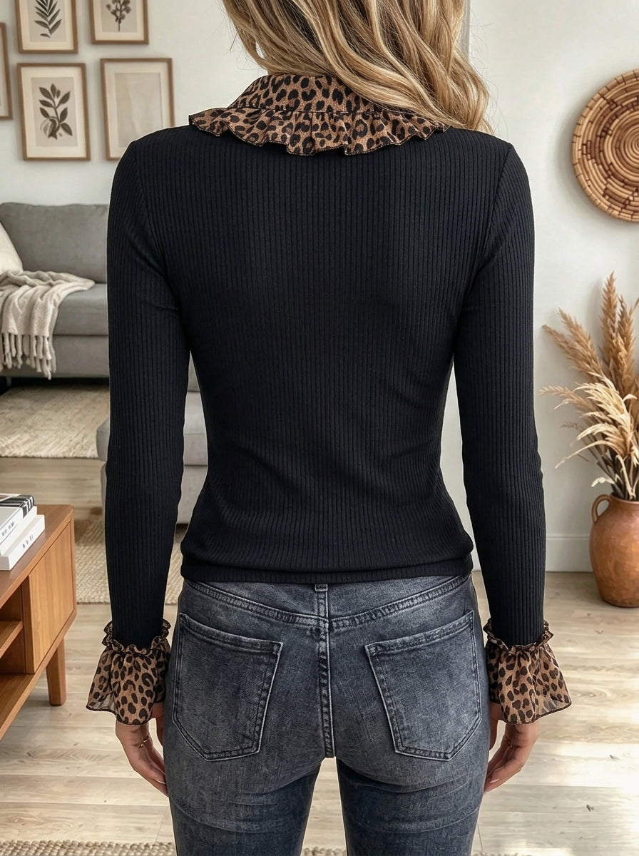 Women's Leopard Ruffle Button-Down Blouse