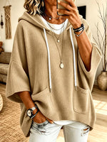 Women Waffle Knit Half‑Sleeve Hooded Oversized Top With Pockets
