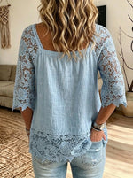 Womens Square Neck Floral Lace Raglan 3/4 Sleeve Henley Blouse