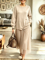 Women's Zipper Accent Sweater Tulle Midi Dress
