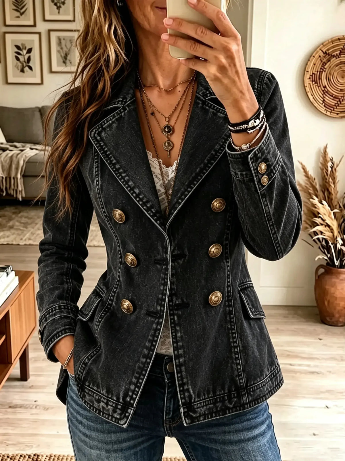 Women's Double-Breasted Washed Black Denim Blazer