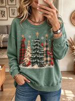 Women's Green Vintage Christmas Tree Graphic Sweatshirt with Cardinal Bird Print