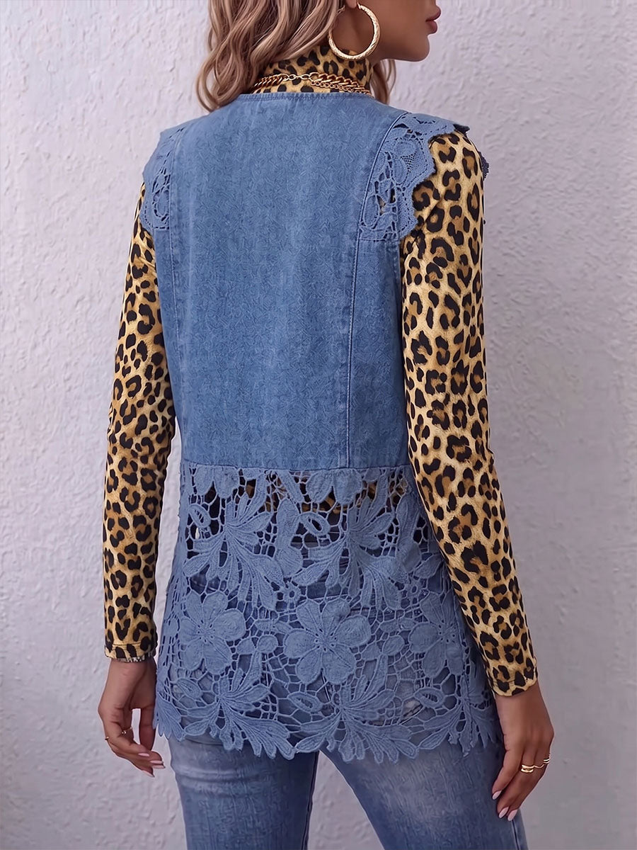 Vintage Elegant Hollowed Out Lace Patchwork Denim Ruffled Jacket Vest