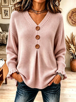 Women's Big Button Pleated V-Neck Knit Sweater