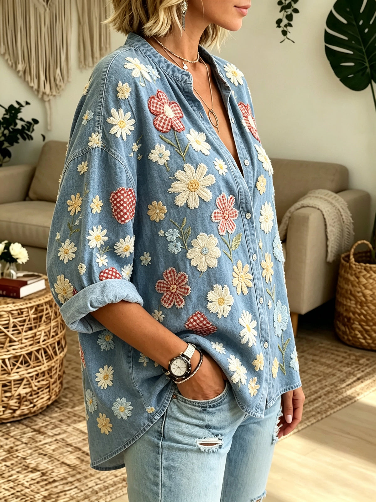 Women's Daisy Floral Print Button-Down Shirt
