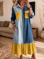 Women Color Block Patchwork Denim Shirt Dress Collar Button‑Front Ruffle Hem Midi Dress With Pockets