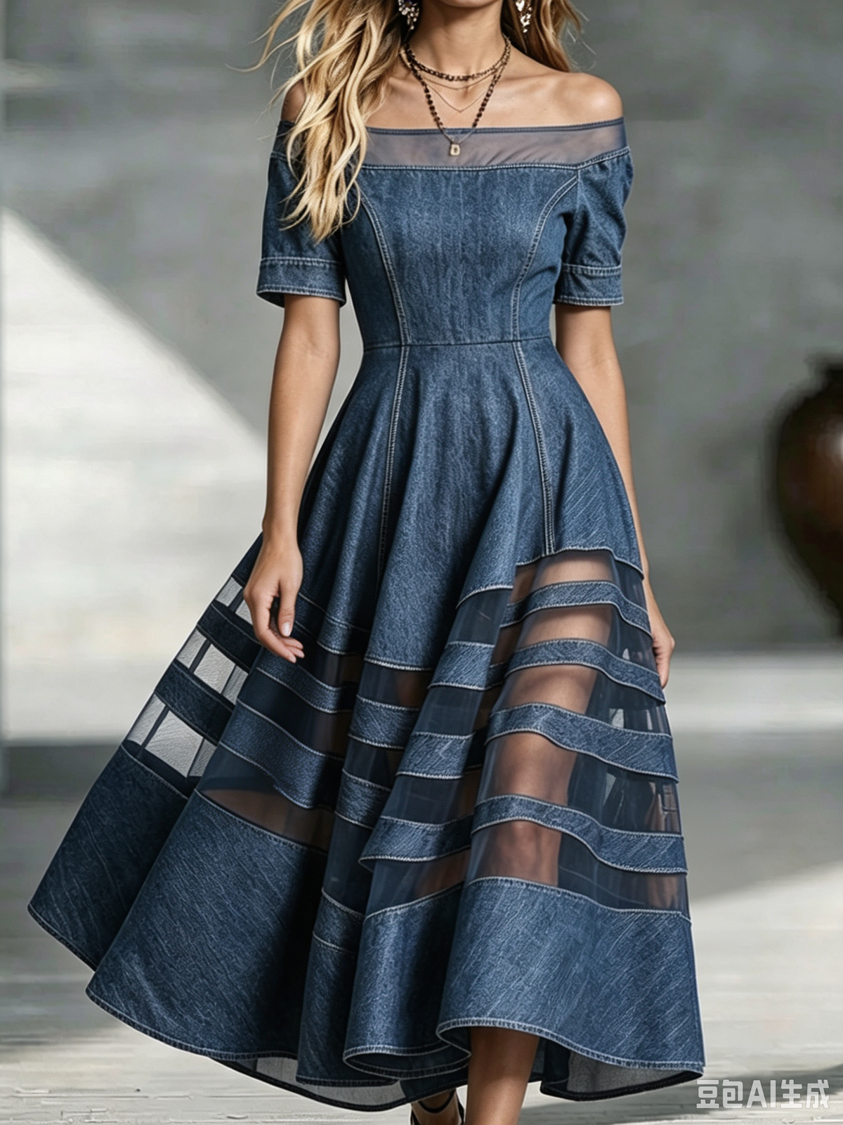 Women Off Shoulder Sheer Mesh Striped Spliced Denim Swing Midi Dress