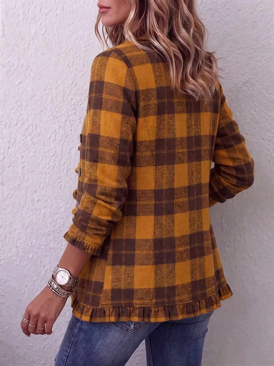 Vintage Elegant Plaid Patchwork Ruffled Jacket