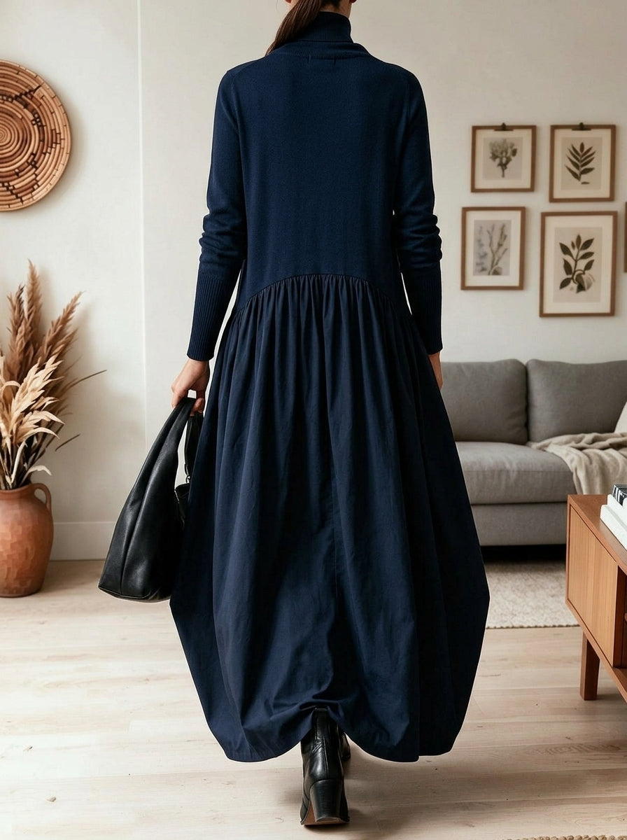 Women Turtleneck Knit Patchwork Maxi Dress, Loose Pleated Flowy Long Dress With Pockets