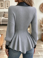 Women's Faux Leather Lapel Ruffled Hem Knit Cardigan