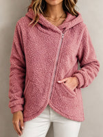 Women Teddy Fleece Hooded Jacket Diagonal Zip Warm Fuzzy Coat With Side Pockets