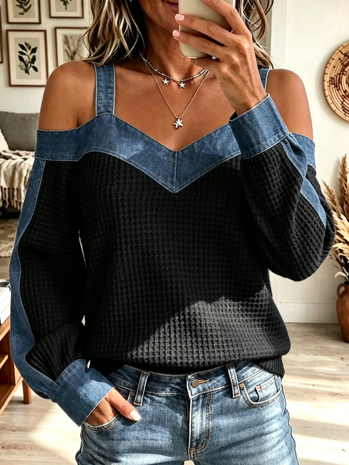 Women's Denim Yoke Cold-Shoulder Waffle Top