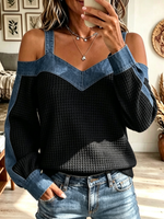 Women's Denim Yoke Cold-Shoulder Waffle Top