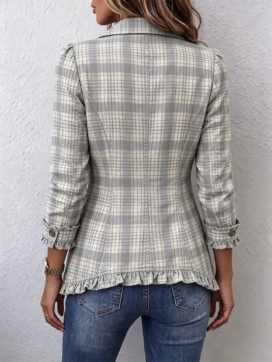 Retro Plaid Pattern Art Print Ruffle Casual Stylish Cotton Lapel Coat