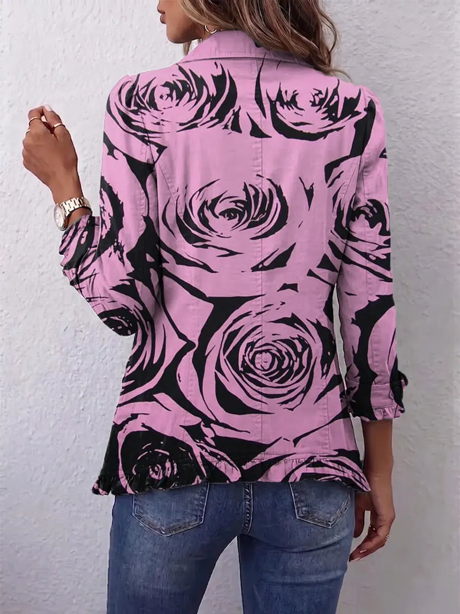 Retro Floral Pattern Art Print Ruffle Casual Stylish Cotton Lapel Coat