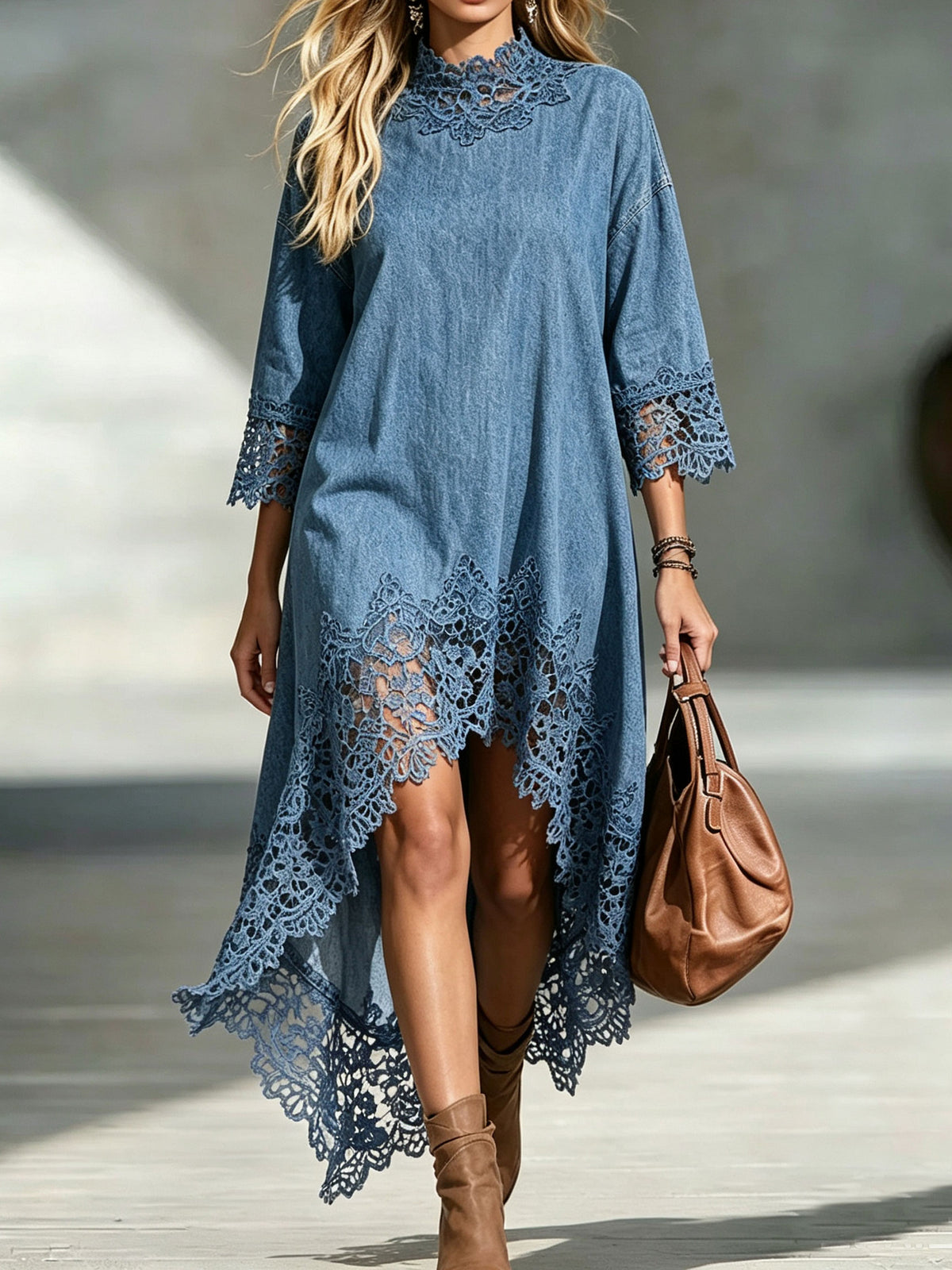 WomenLace Spliced High Low Hem Midi Tunic Dress