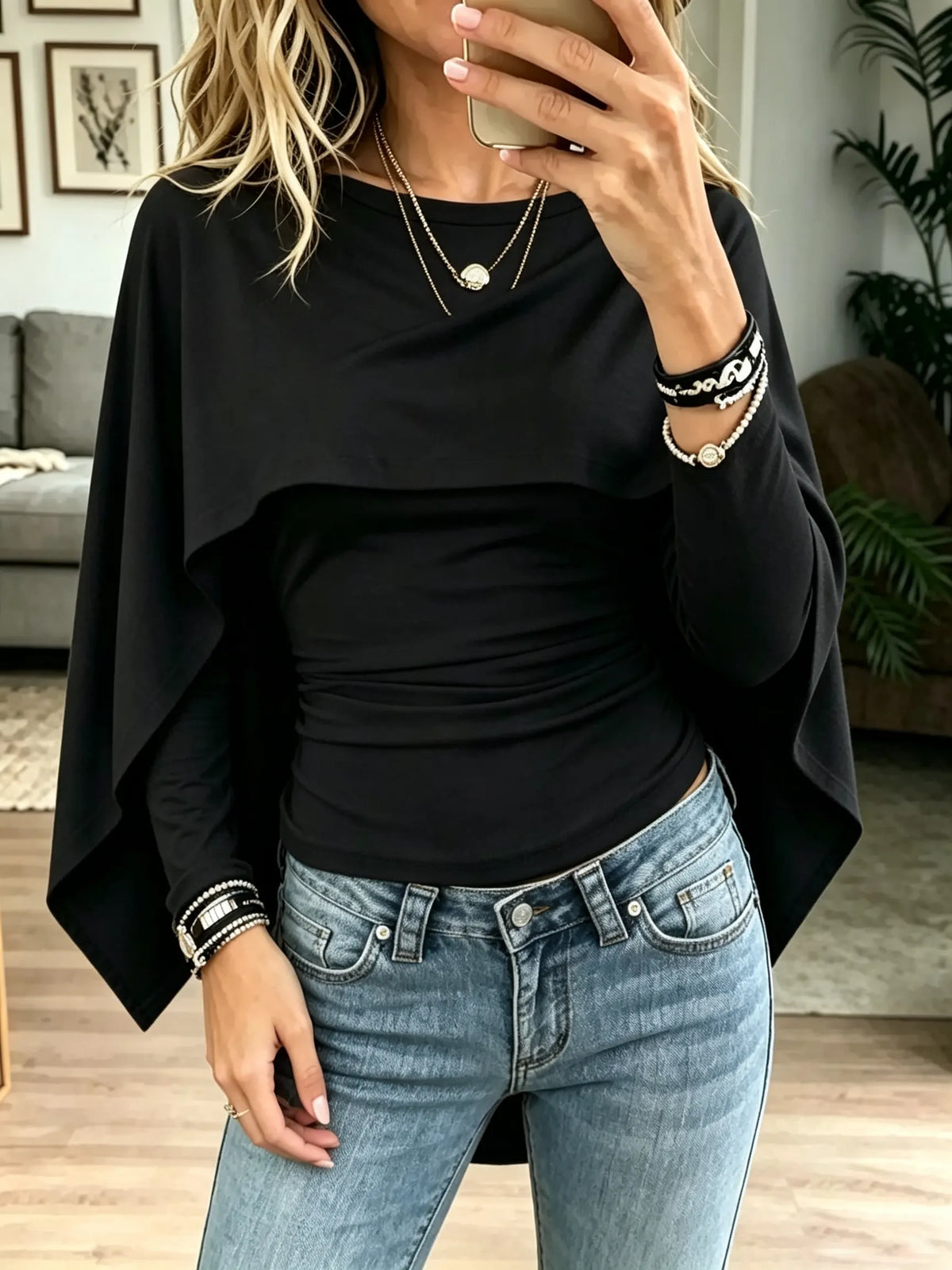 Women's Draped Overlay Long-Sleeve Knit Top