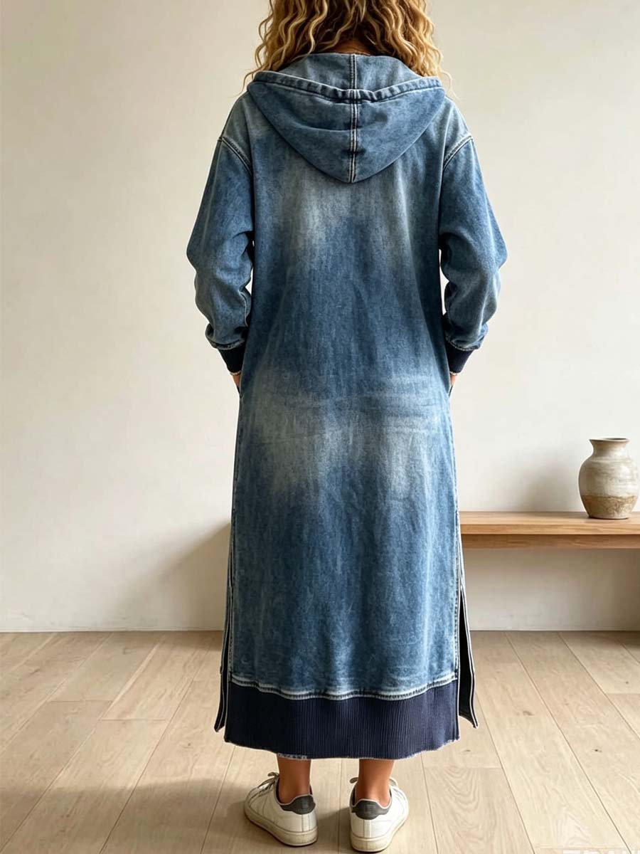 Retro Hooded Zip Art Casual Long Sleeve Stylish Denim Long Dress