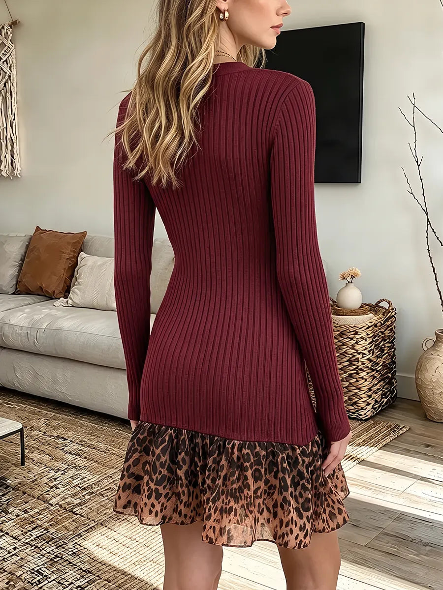 Vintage Elegant Knitted Fabric Patchwork Leopard Dress