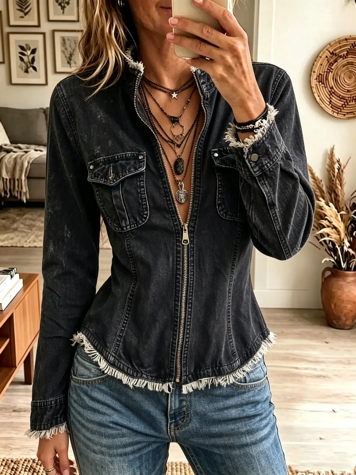 Women's Distressed Raw Edge Zip-Front Denim Jacket