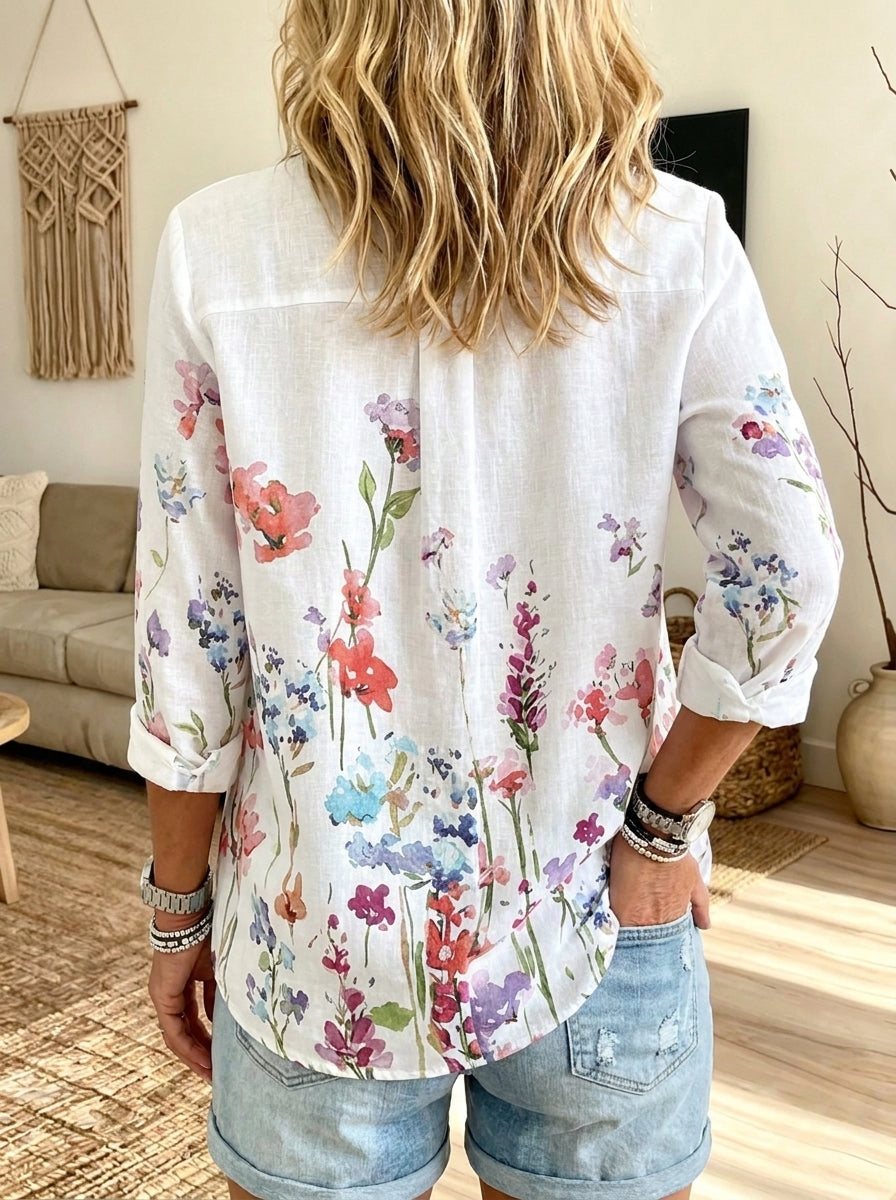 Women Watercolor Floral Print Button Down Shirt Lapel Long Sleeve Loose Blouse
