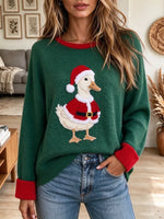 Women's Retro Christmas Duck Print Crew Neck Sweater
