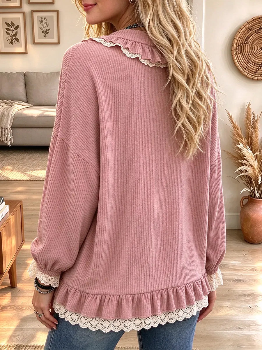 Women's Lace Ruffle Trim Button Down Long Sleeve Loose Knit Cardigan