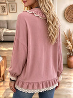 Women's Lace Ruffle Trim Button Down Long Sleeve Loose Knit Cardigan