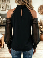 Women Halter Cold Shoulder Lace Trim Chiffon Long Sleeve Blouse