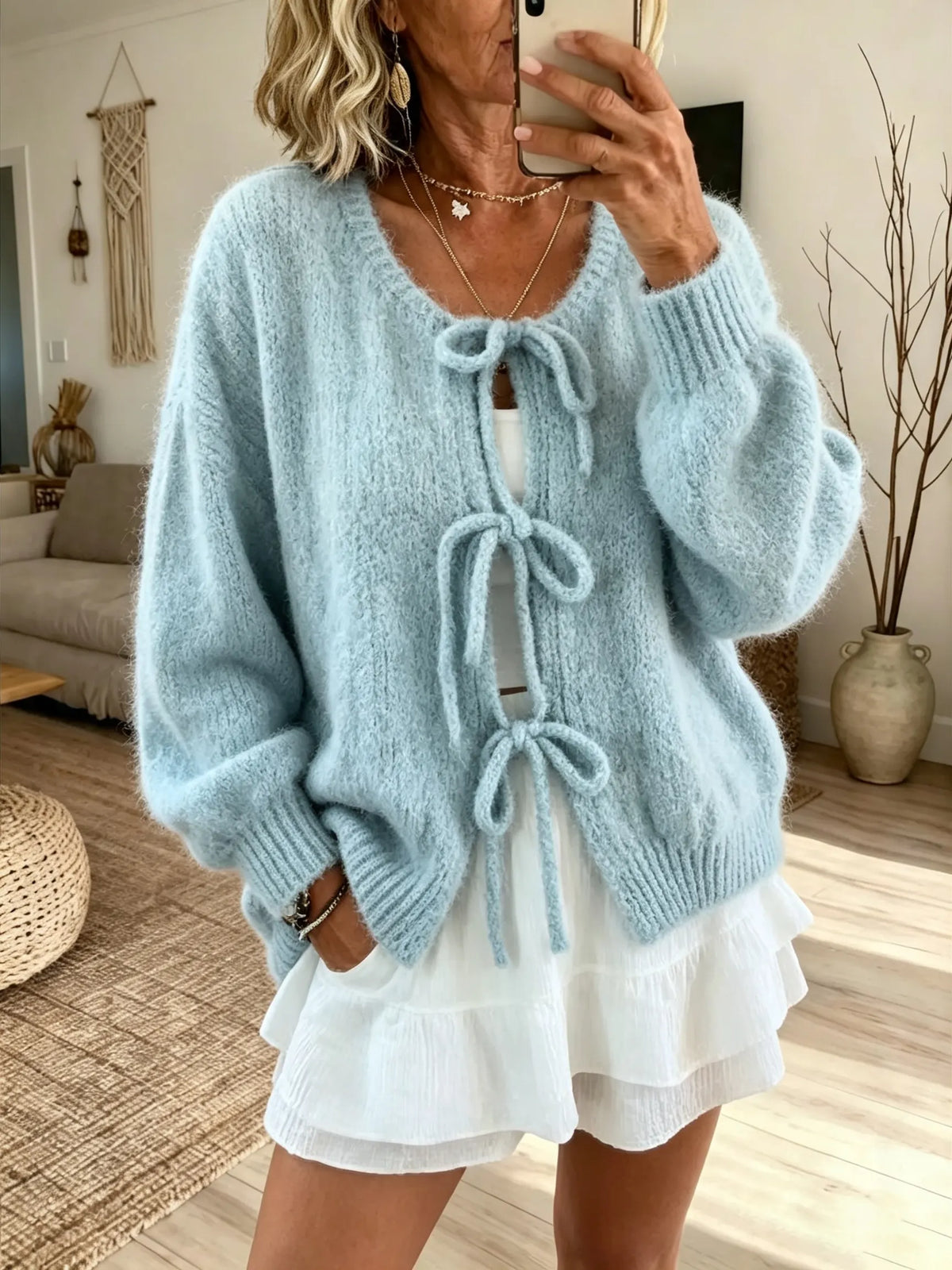 Women Solid Texture Tie Knit Cardigan