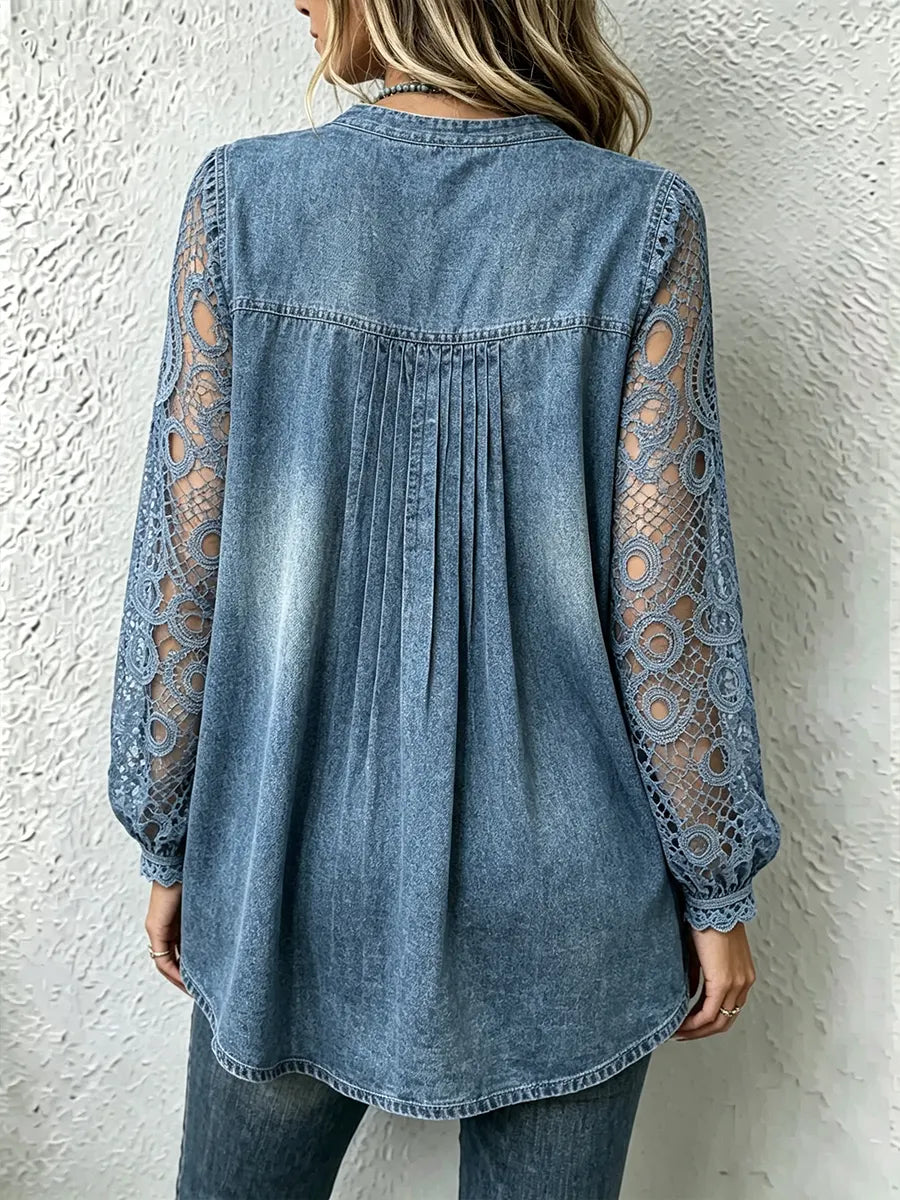 Women’s Elegant Lace-Panel V-neck Denim Top