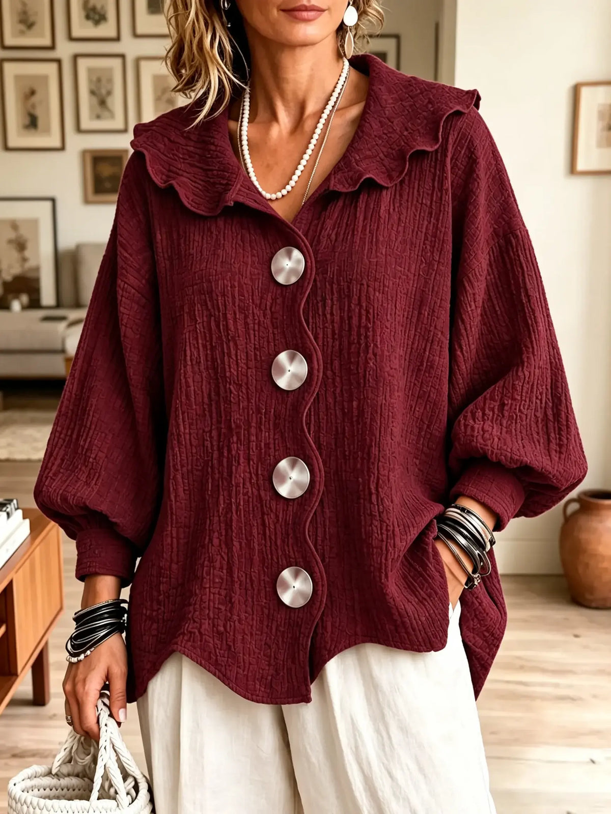 Women's Wavy Placket Button Textured Cardigan