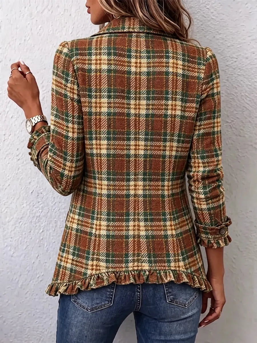 Retro Plaid Pattern Art Print Ruffle Casual Stylish Cotton Lapel Coat