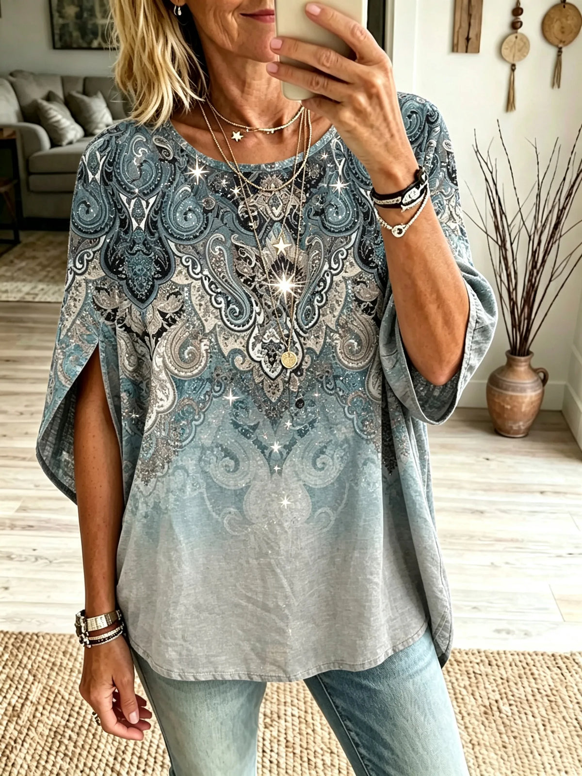 Women's Paisley Gradient Loose Wide Sleeve Top