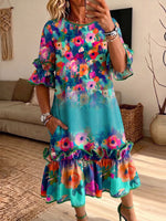 Women Vibrant Floral Print Ruffle Midi Dress Loose Short Sleeve Dress With Pockets