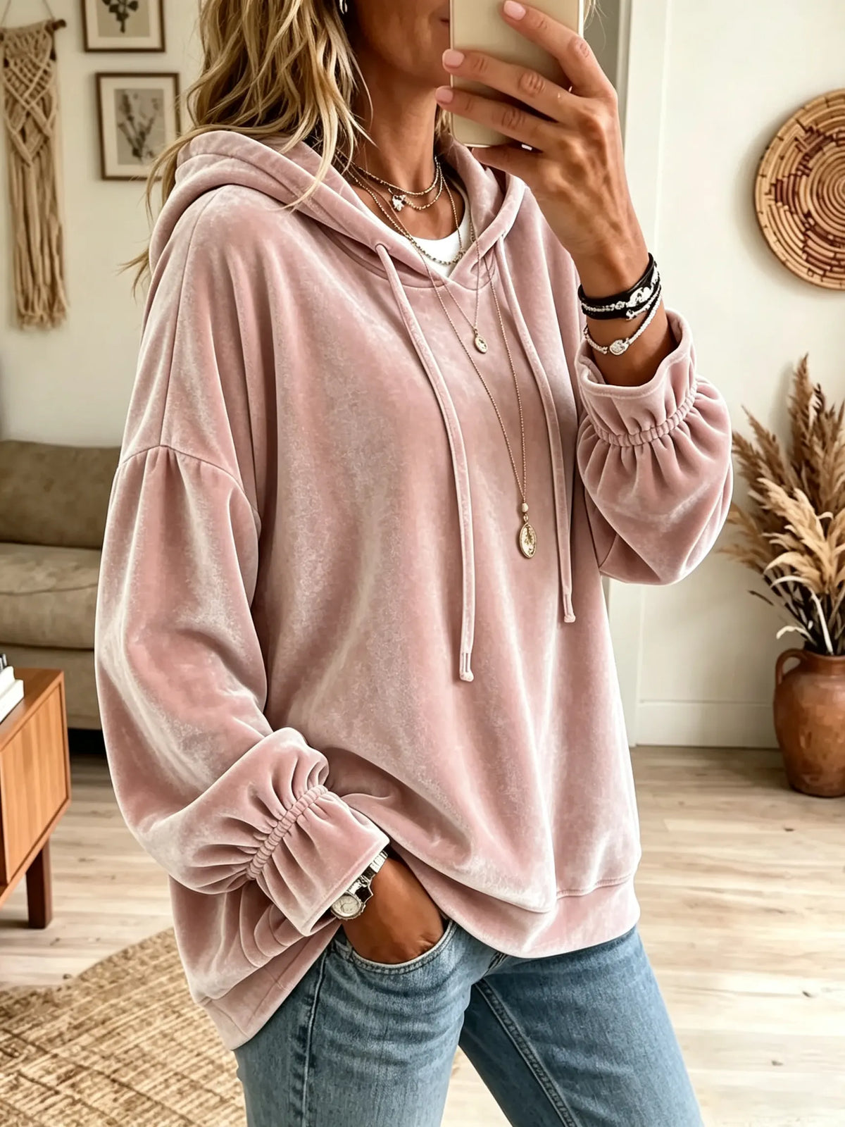 Women's Velvet Drawstring Hooded Pullover