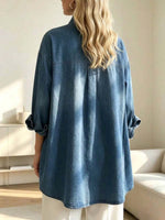 Retro Stand Collar Irregular Hem Stylish Art Casual Long Sleeve Denim Shirt