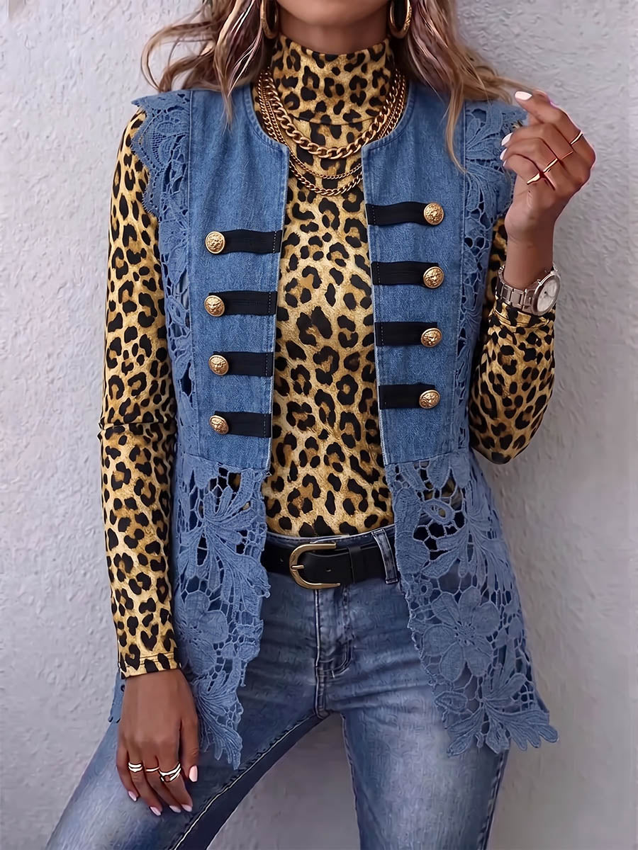 Vintage Elegant Hollowed Out Lace Patchwork Denim Ruffled Jacket Vest