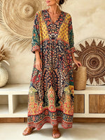 Women Exotic Paisley Floral V-Neck 3/4 Sleeve Vacation Maxi Dress