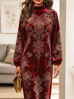 Retro Floral Pattern Art Print Casual Stylish Long Sleeve Velvet Dress